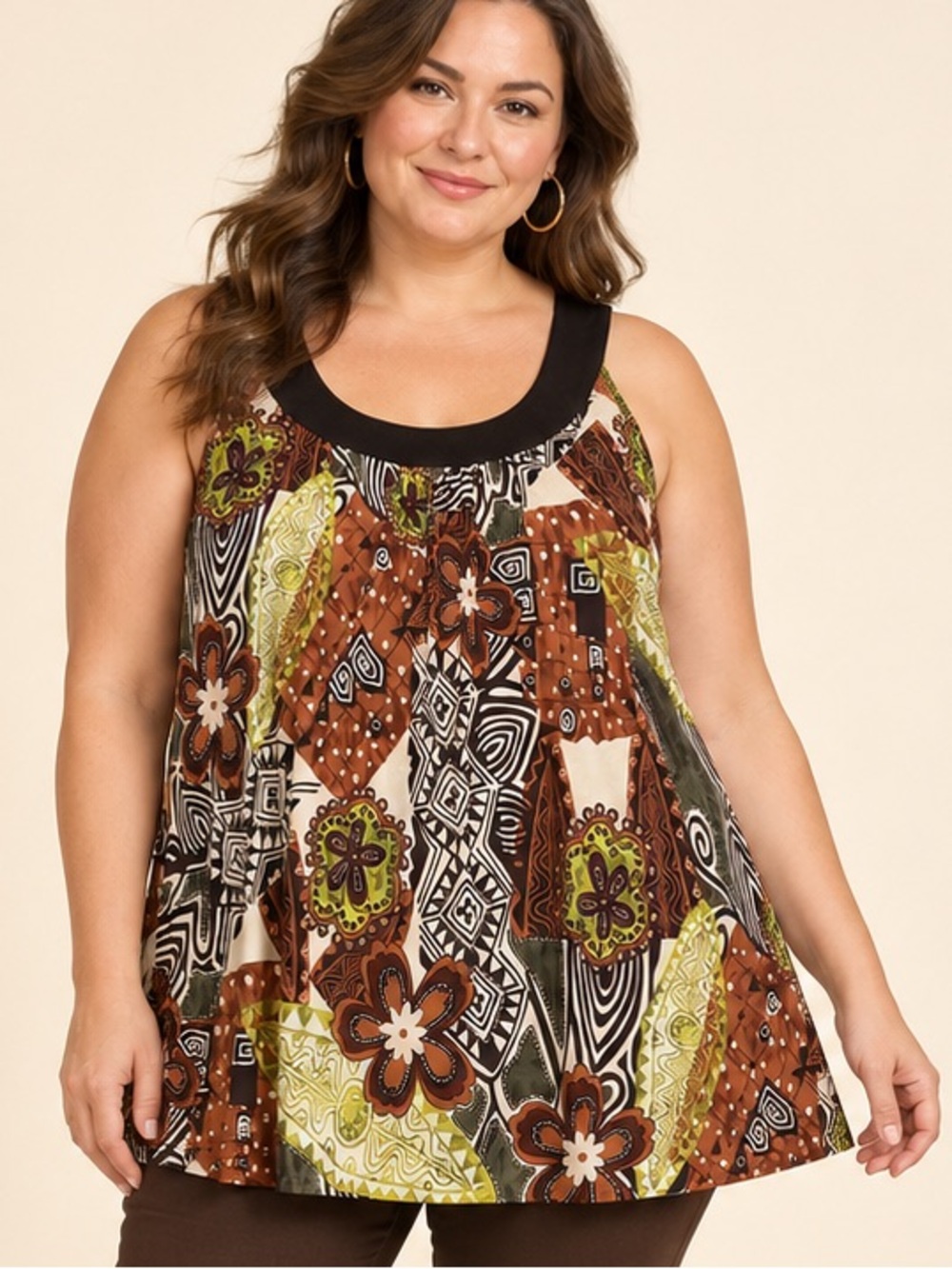 Dressbarn Women’s XL Swing Tunic Top Retro Floral Abstract Sleeveless Cutout